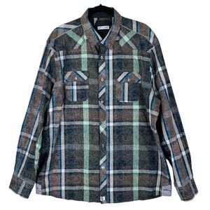 John Lennon Long Sleeve Shirt XXL Brian Plaid Jacquard Brown Black Green Cotton